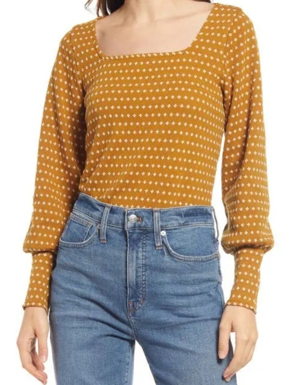 Madewell Floral Jacquard Square Neck Top Mustard Yellow White Sz XS Ditsy Boho